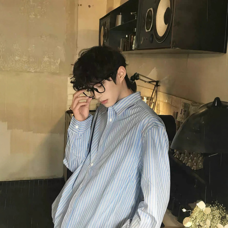 High-Quality Spring/Summer Thin Relaxed and Casual Korean-Style Cleanfit Intellectual Retro Casual Striped Shirt High-Quality Spring/Summer Thin Relaxed and Casual Korean-Style Cleanfit Intellectual Retro Casual Striped Shirt