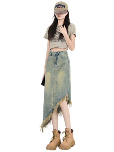 Retro high-waisted A-line denim skirt skirt for women summer irregular design long skirt for small people tassel skirt