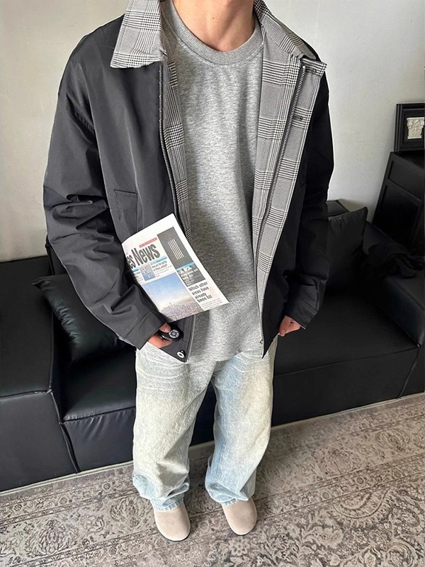 藏青色格纹拼接短款外套男款设计感棒球服cleanfit假两件飞行夹克|undefined