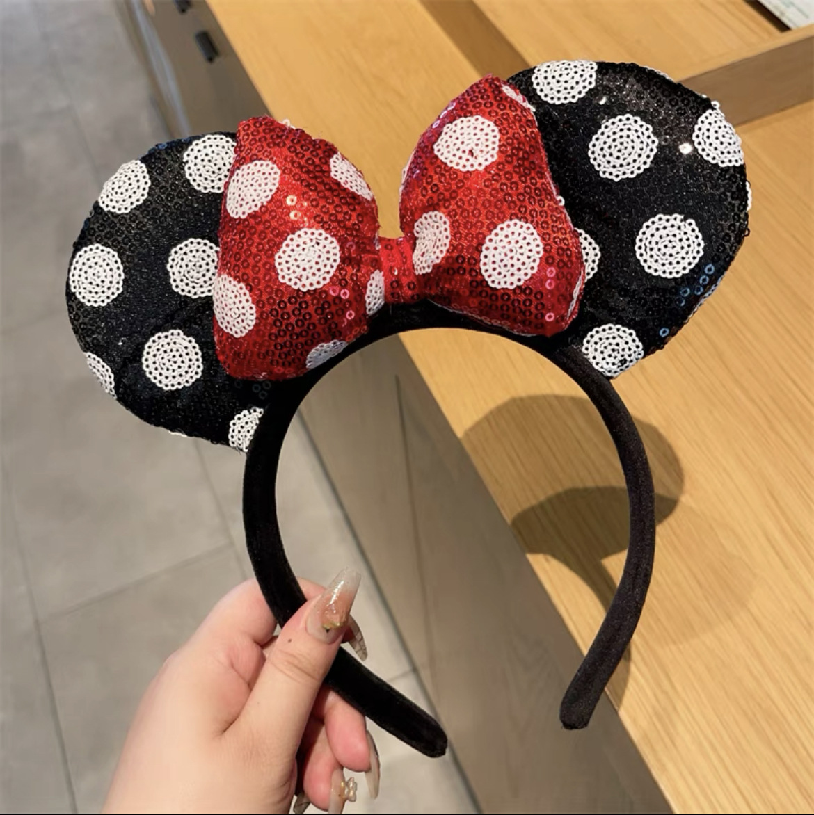 풀 글리터 블랙 폴카 도트 귀 + 폴카 도트 레드 코튼 리본
