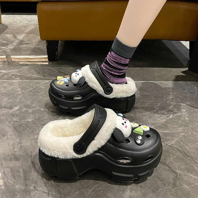 可爱卡通洞洞鞋女2025年冬季加绒保暖厚底防滑可拆卸外穿增高棉鞋|undefined