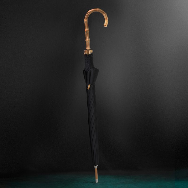 Business Men's Gentleman Umbrella, Old-Fashioned Bamboo Handle Long Handle Umbrella, Curved Handle Umbrella, Curved Hook, Solid Color, British Style, Sunshade, Uv Protection