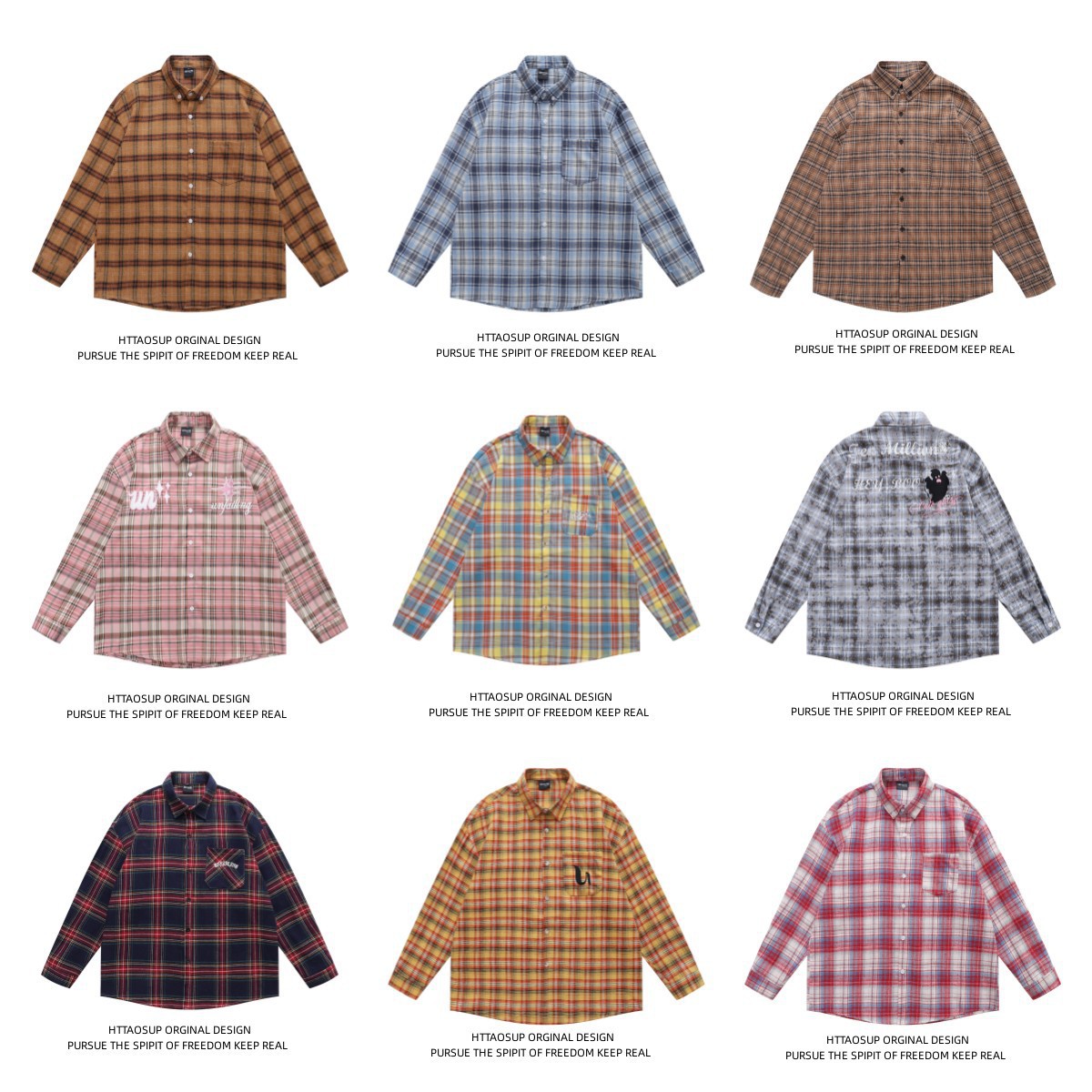 2025春秋新款美式嘻哈格子字母长袖衬衫潮流男女宽松情侣休闲衬衣