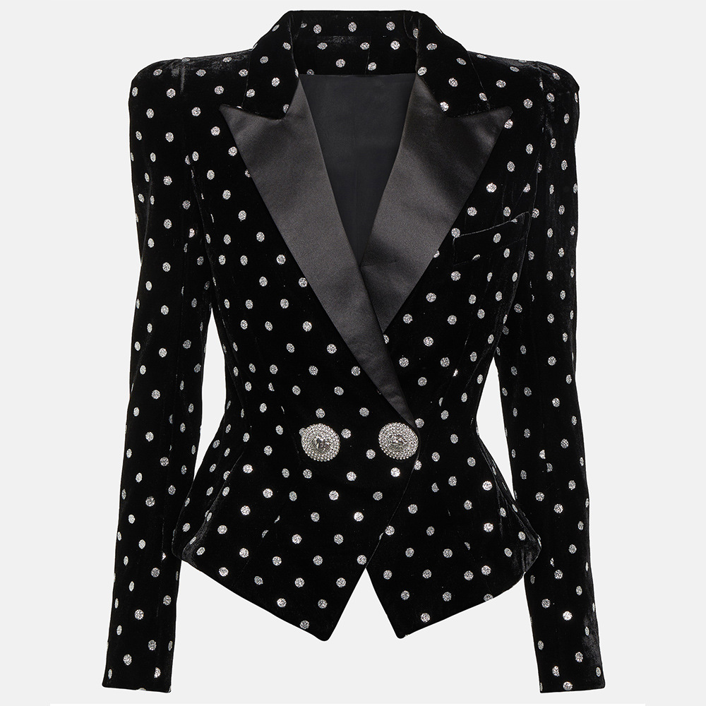 Women's Clothing velvet hot diamond polka dot shrug satin collar patchwork waist temperament small suit jacket_voghion.com