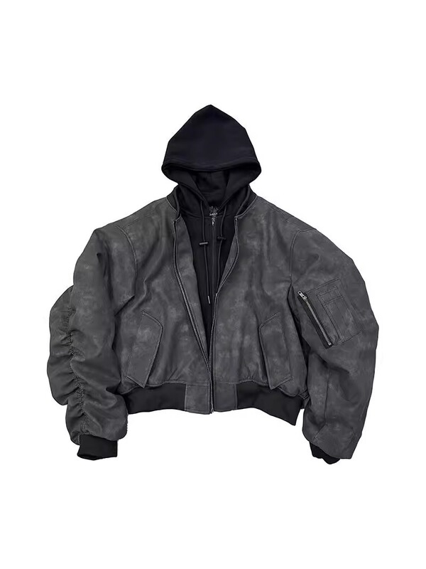 2025 Leather Bomber Jacket Double-Layer Fake Two-Piece Hooded Jacket Pilot Jacket Leather Cotton Jacket Wholesale