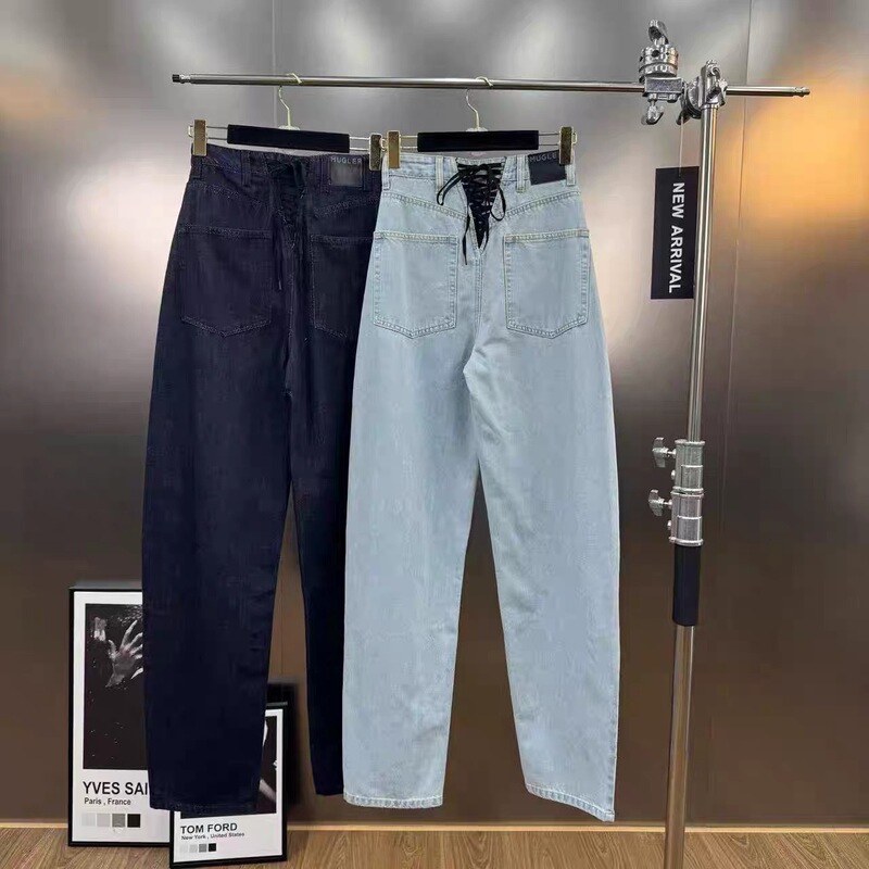 2025 Early Autumn New V-Shaped Cross Strap High-Waist Slimming Wide-Leg Versatile Straight Casual Jeans