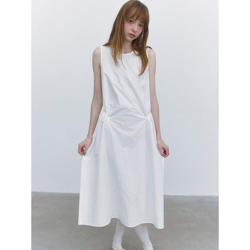 [Da He] Summer New Casual Round Neck Full Horse Cotton Pure Color Pleated Waist Long Dress H8539