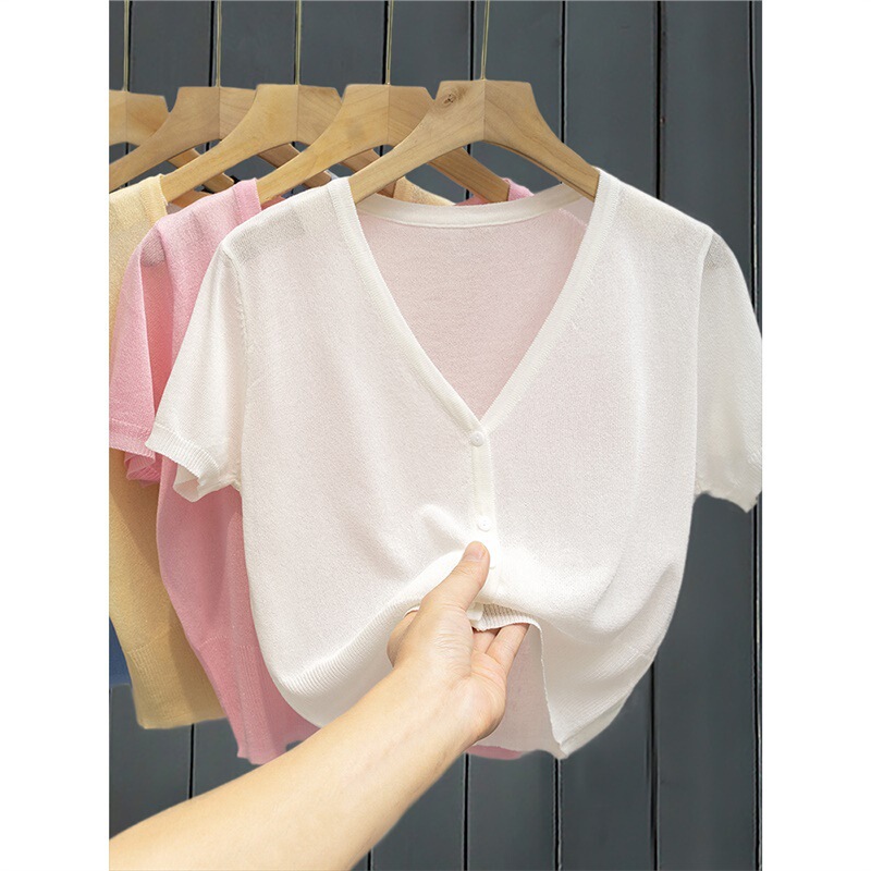White Ice Silk Knitted Cardigan for Women Summer Thin Short Shawl Outer Blouse Sun Protection Jacket Top Air-Conditioned Shirt