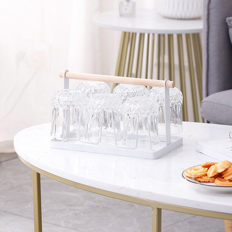 Light Luxury One-Piece Wide-Opening Low-Profile Cup Holder with Wooden Handle &ndash; Versatile Household Mug Rack for Draining and Desktop Storage