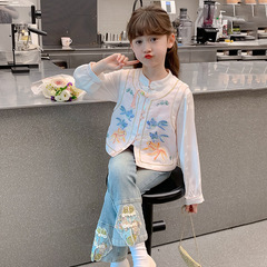 女の子中国風スーツ2025秋新作子供用新中国風ジャケット、年長児用春秋風3点セット