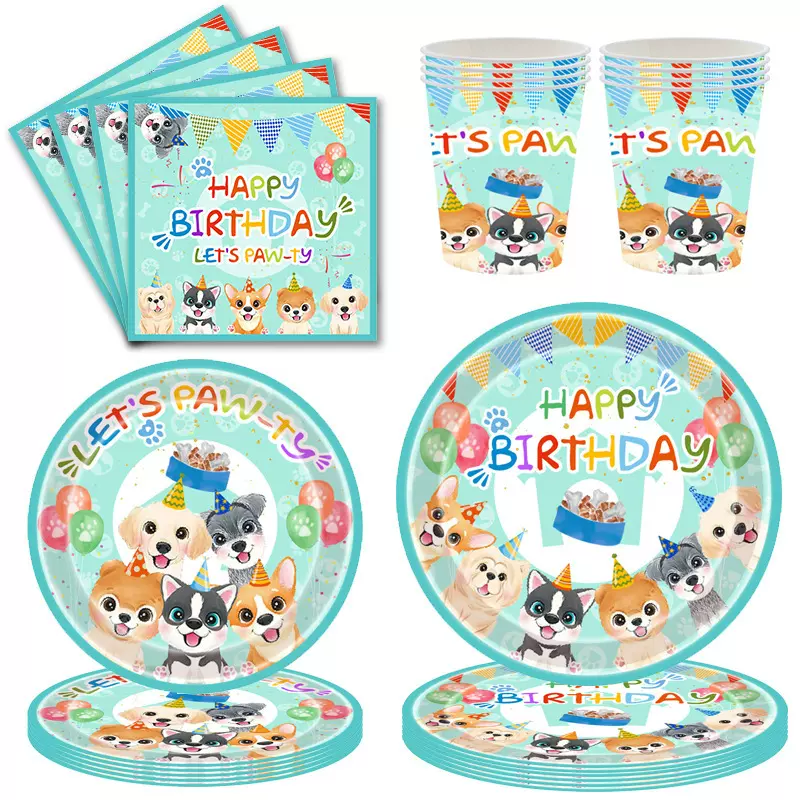 新款现货绿色狗狗生日聚会派对布置用品纸巾纸盘套装一次性装饰品