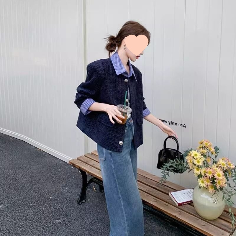 藏青色设计感格纹拼接小香风外套女2025早春新款时髦洋气设计上衣|undefined