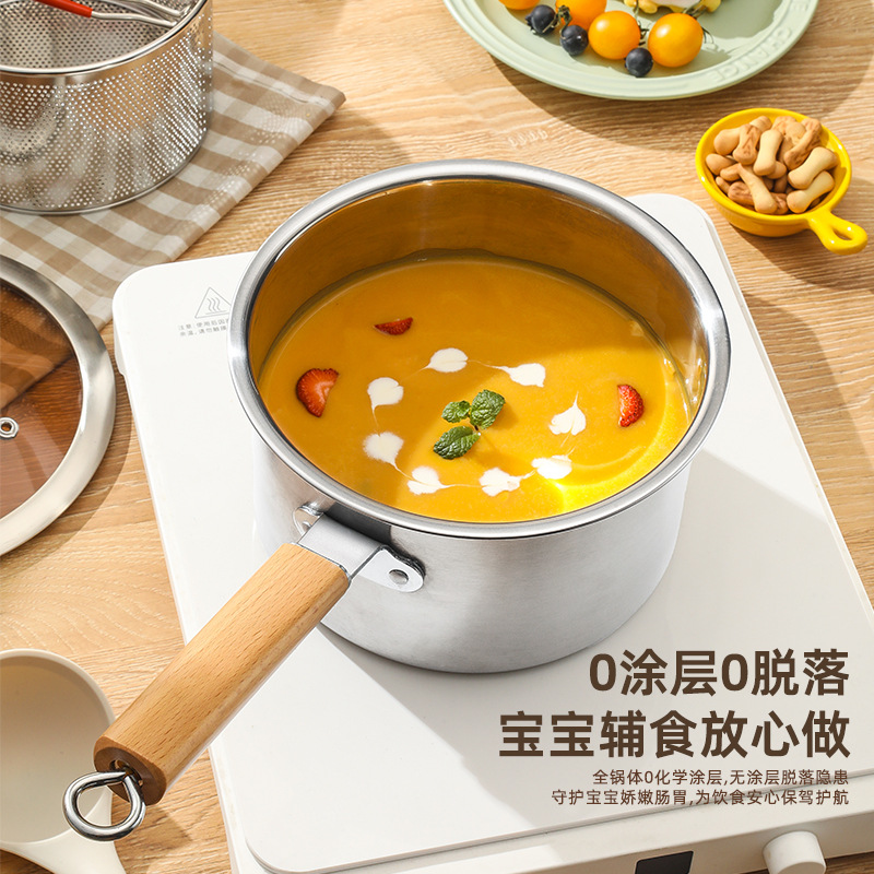 304 mango de madera japonés de acero inoxidable grueso pan de leche para bebés suplementarios sin recubrimiento freidora multifuncional