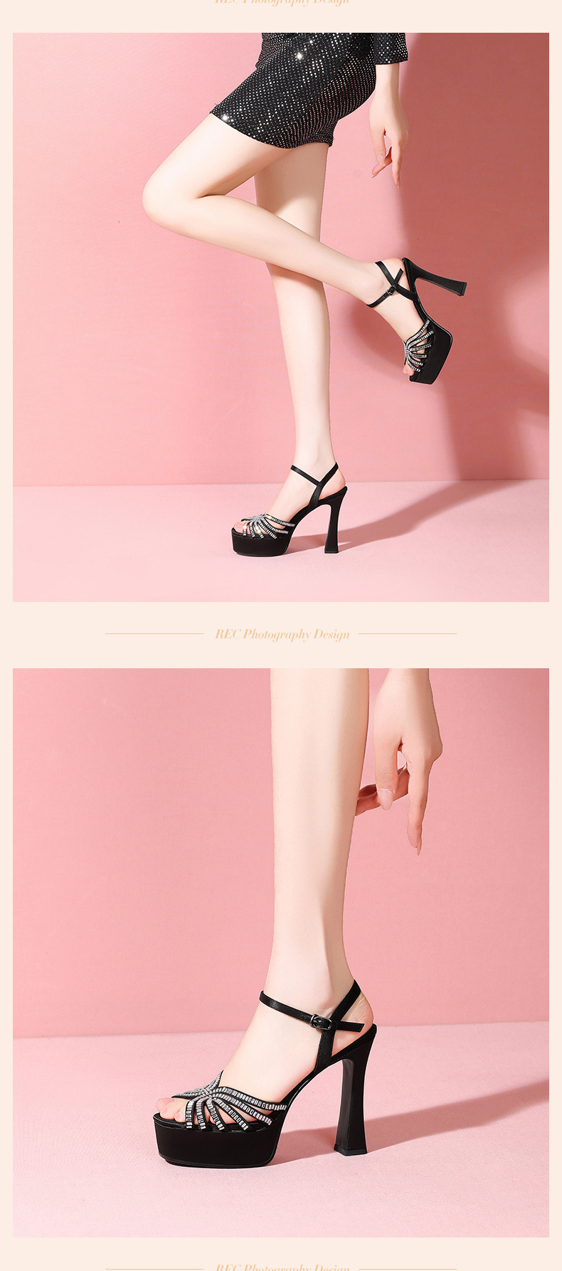 Sandal cao gót nữ hở mũi đính đá, gót vuông platform, da thật — Champagne màu chi tiết 6