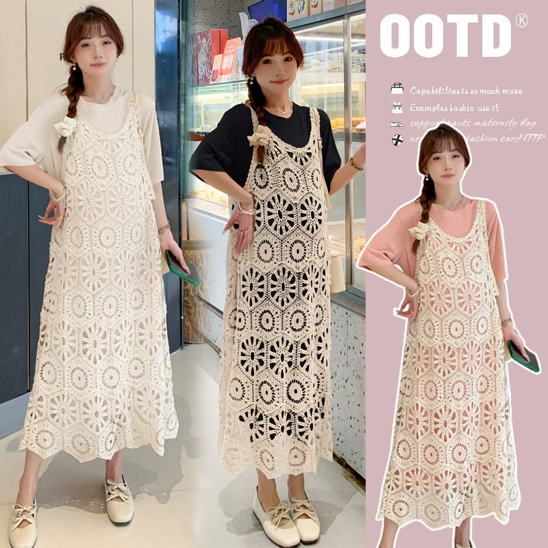 Реальный спот 2024 новый набор платья для беременных футболки модный кружевной свободной юбка из двух частей