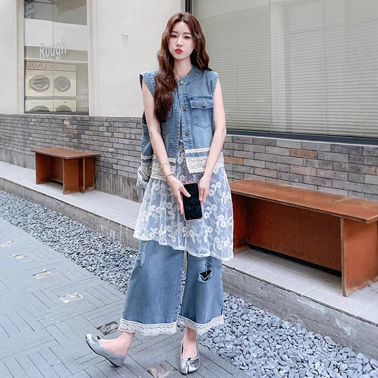 フレンチフライストリートデニムスリーピーススーツ女性用2025夏新作刺繍スプライシングベストレースインナーワイドレッグパンツスーツ|undefined