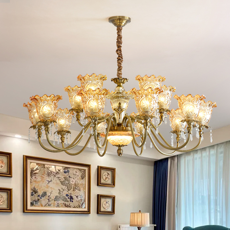All-Copper French-Style Vintage American Retro High-End Antique Brass Living Room Chandelier, New Eye-Protection Lighting for Dining Room, Bedroom, and Lobby