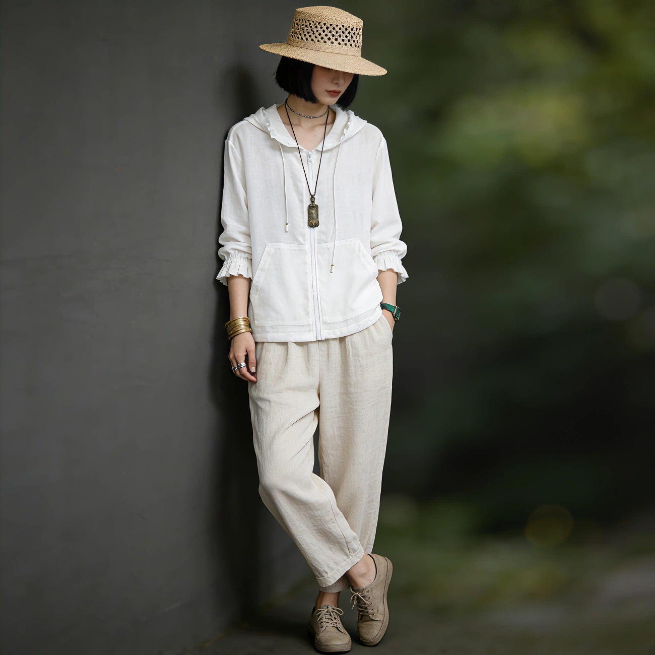 [In Stock] Summer Fine Linen Hooded Cardigan Women's Top, Literary and Versatile Outerwear, Thin Sun Protection Shirt 6037
