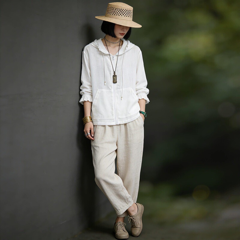 [in Stock] Summer Thin Hemp Hooded Cardigan Women's Top Artistic Versatile Jacket Thin Sun Protection Coat 6037