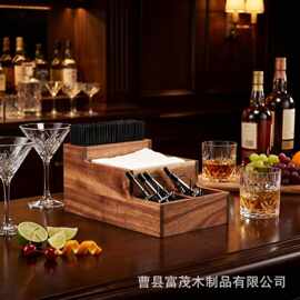跨境木质奶茶店桌面吸管勺子多格收纳盒桌面纸巾盒多格调酒工具盒