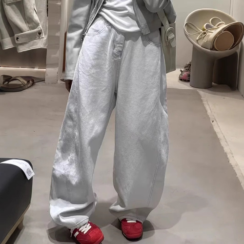 Gray-White Cropped Denim Jeans for Women, 2025 Spring/Summer Collection: Plus-Size, High-Waisted, Loose-Fit, Slimming Design with Wide Legs