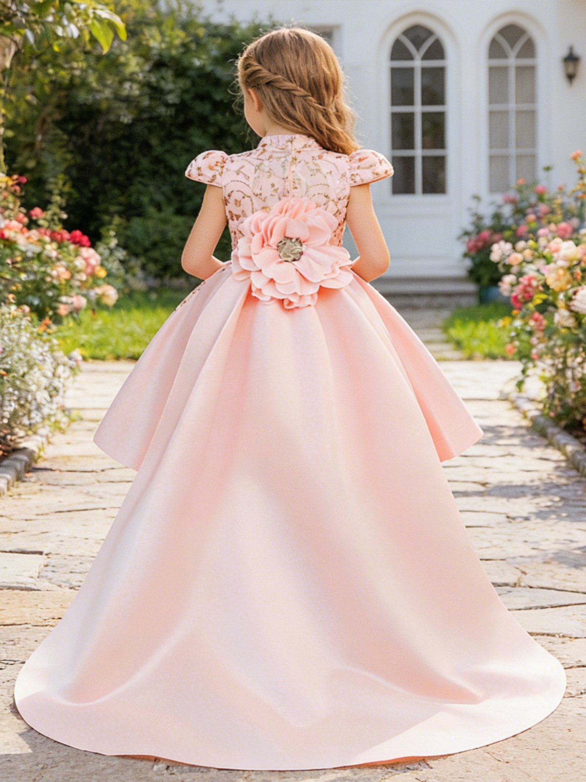 Europa y América vestidos de niñas satin gran cola desmontable vestidos de flores tridimensionales vestidos de princesa de cumpleaños para niños vestidos de princesa