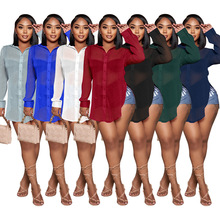 外贸女装 性感透视单排扣纯色长袖翻领气质宽松开叉雪纺衬衫 现货