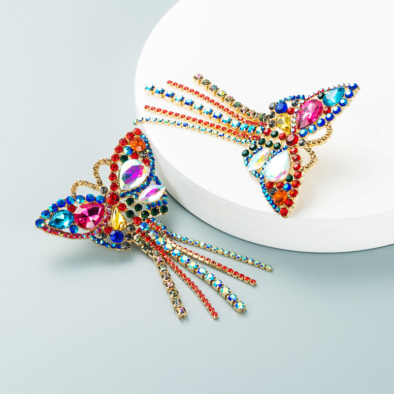 Fashion Exaggerated Temperament Prom Long Butterfly Tassel Alloy Inlaid Color Rhinestone Shiny Earrings display picture 5