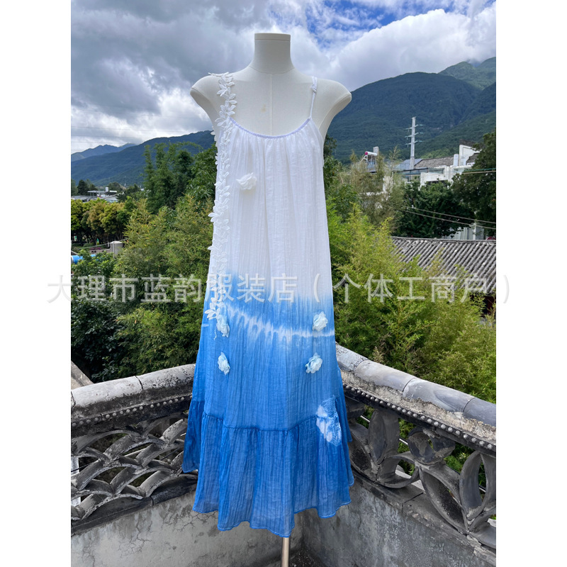 Blue and White Tie-Dye Suspender Dress for Women Summer New Stereo Flower Chiffon Long Skirt Seaside Beach Elegant Fairy Skirt
