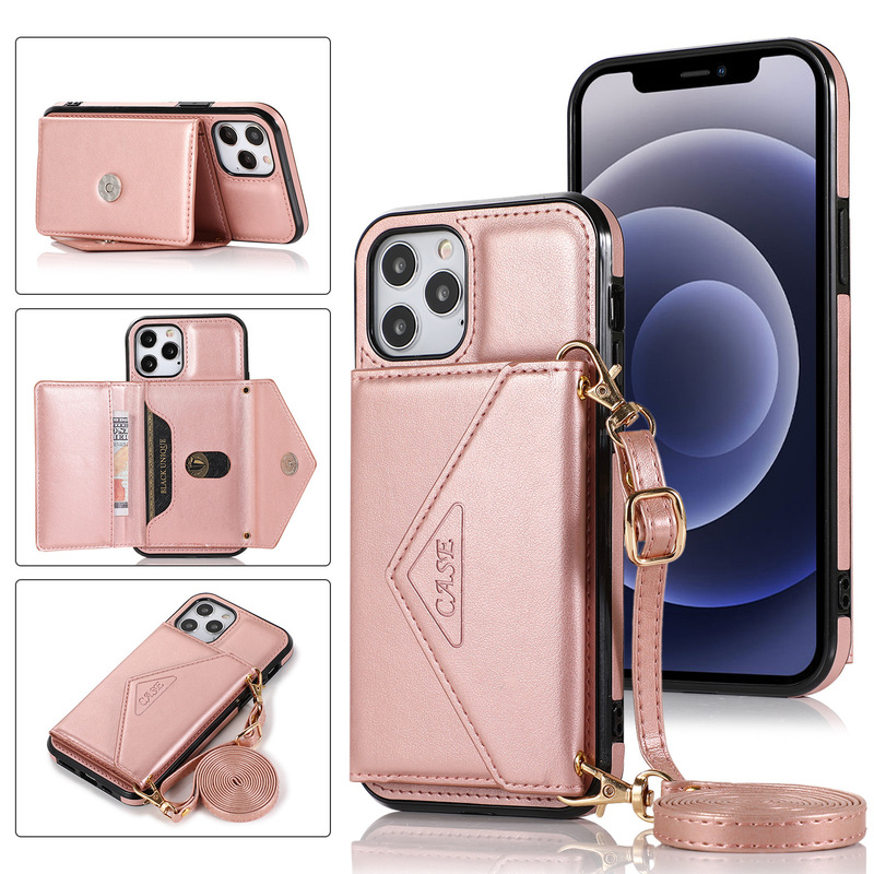 For Apple 12 Crossbody Mobile Phone Case Solid Color Wallet Lanyard Drop-resistant Case Apple 13 6.1 All-inclusive Card Single Case For Apple 12 Crossbody Mobile Phone Case Solid Color Wallet Lanyard Drop-resistant Case Apple 13 6.1 All-inclusive Card Single Case