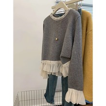 春秋新款慵懒风温柔甜美减龄宽松别致钉珠荷叶边软糯毛衣女针织衫
