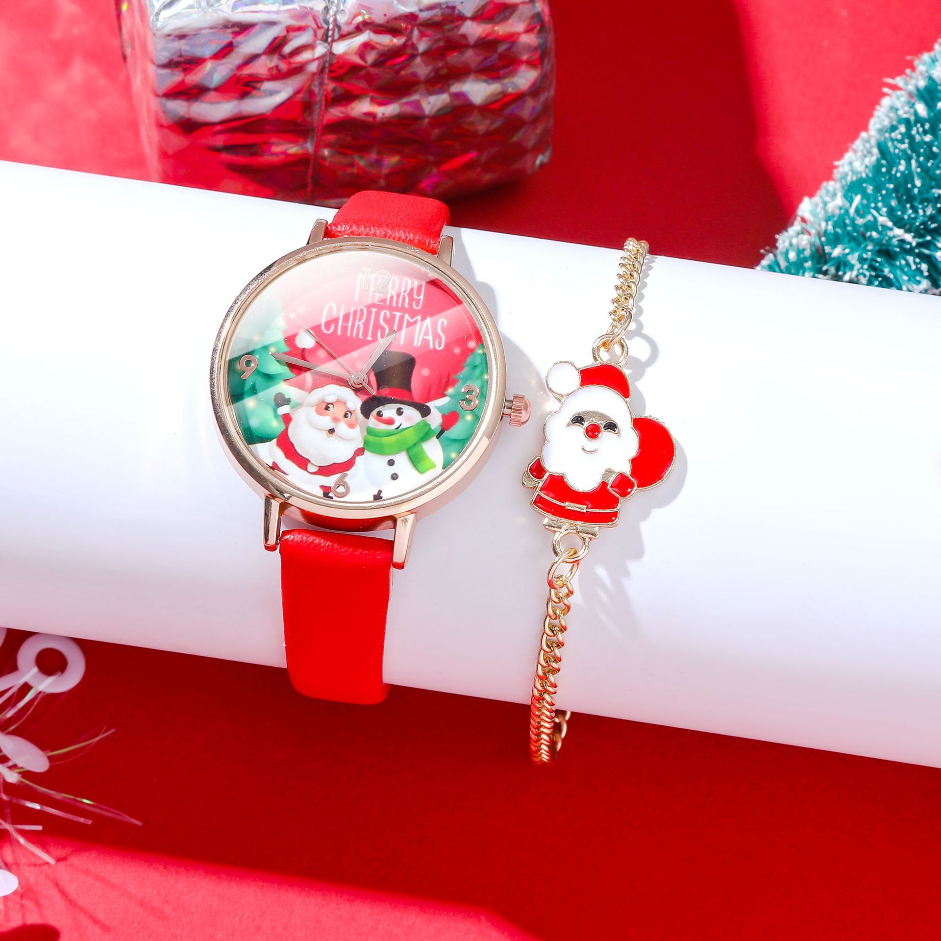 Weihnachtsuhr-Set, Cartoon-Weihnachts-Neuheiten im Herbst und Winter, Gürteluhr + Weihnachtsmann-Schmuckset_voghion.com