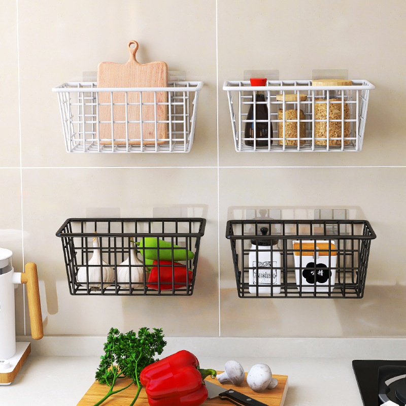 Japanese iron storage basket wall-mounted bathroom kitchen storage artifact hanging basket storage rack no punching storage basket