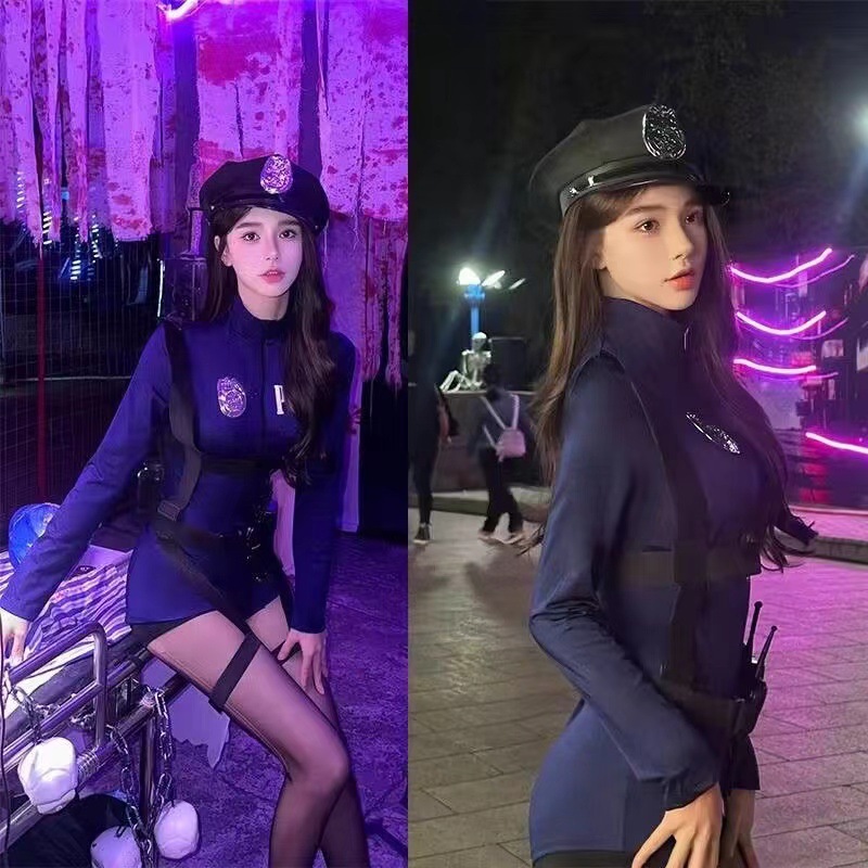 Sexy Policewoman Cosplay Uniform Set with Hat, Tight Jumpsuit, One Size — detail image 5