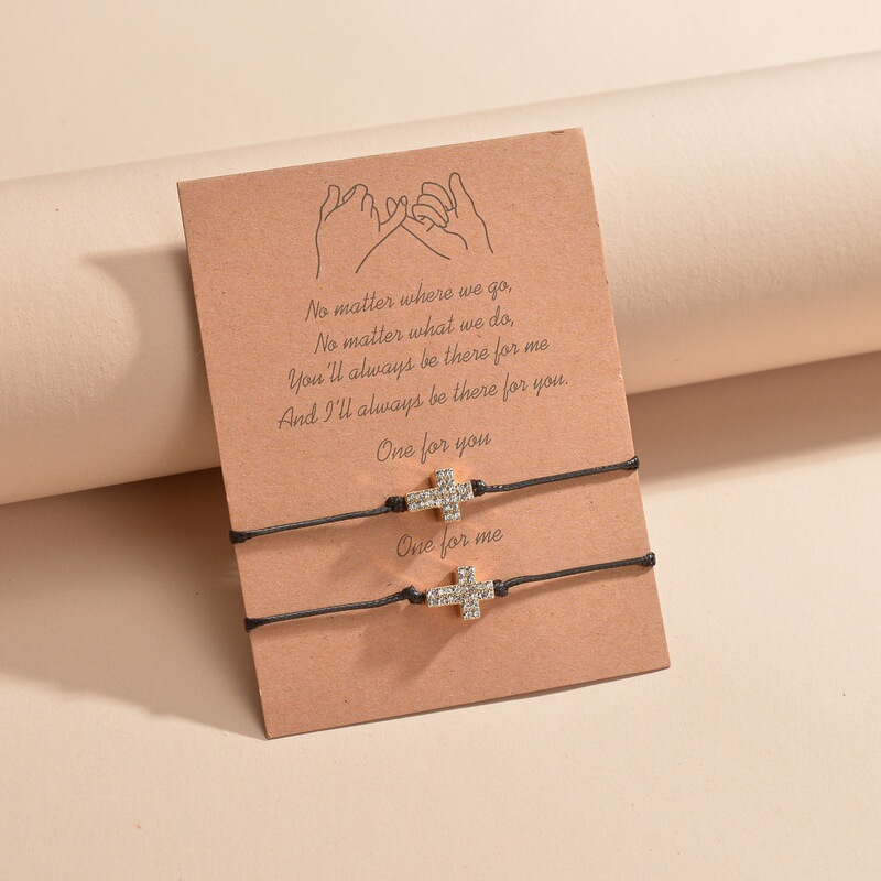 Fashion Simple Wind Rhinestone Cross Waterproof Wax Woven Card Bracelet 2 Piece Set Blessing Promise Bracelet