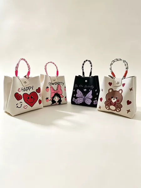Knitted handbag for women, cartoon embroidered canvas bag, cute bear, butterfly, sunflower handbag, gift bag