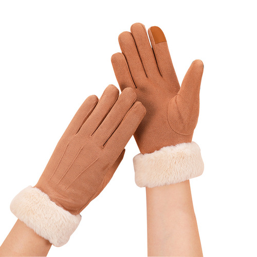 Suede warm gloves winter ladies students cute Korean style velvet thickened outdoor cycling touch screen gloves