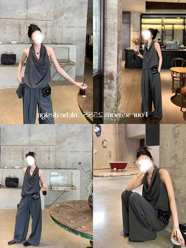 Ouyang Laolianqianfeng カジュアルパンツ レディース 夏 薄手 ワイドレッグパンツ ハイウエスト フロアレングスパンツ ルーズストレートパンツ|undefined