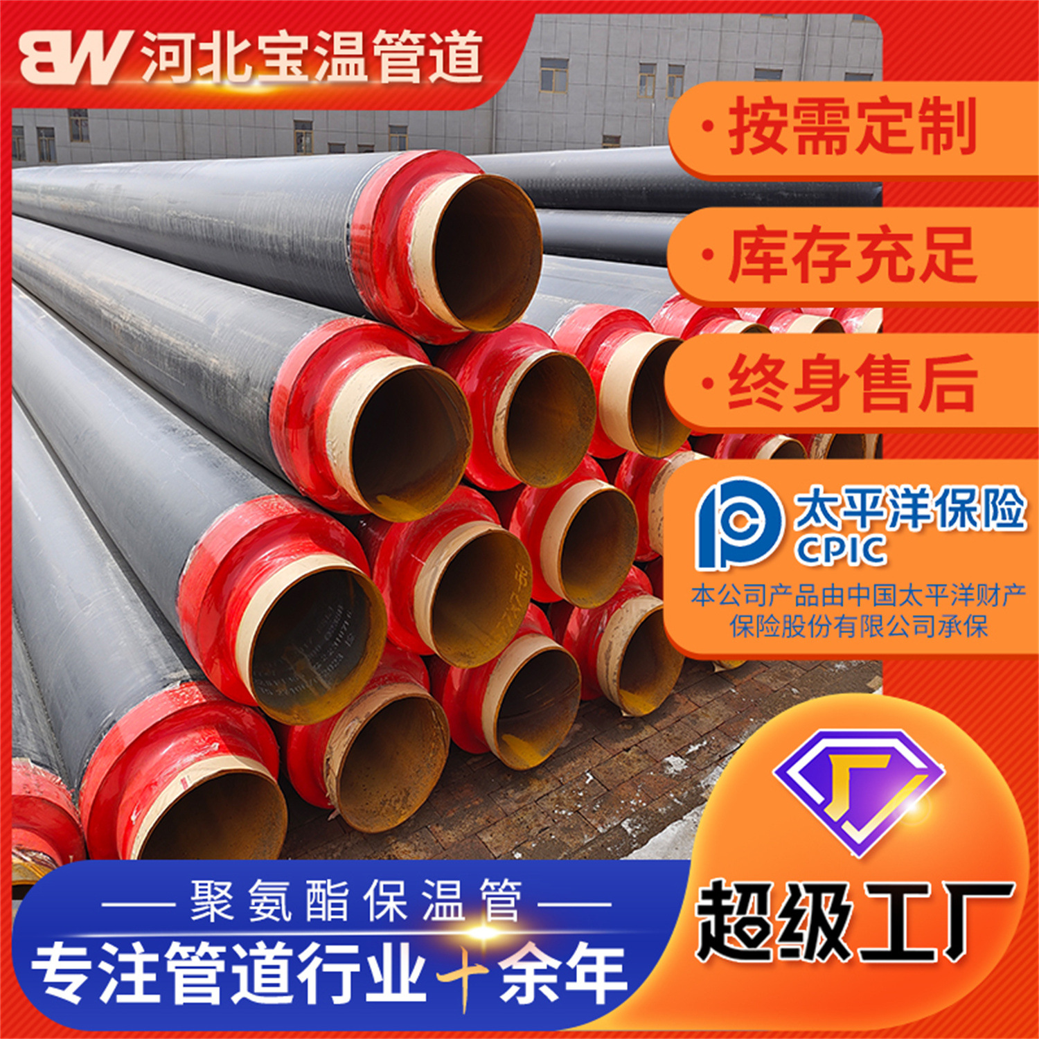 厂家生产热力管道聚氨酯大口径保温钢管预制直埋发泡式保温钢管