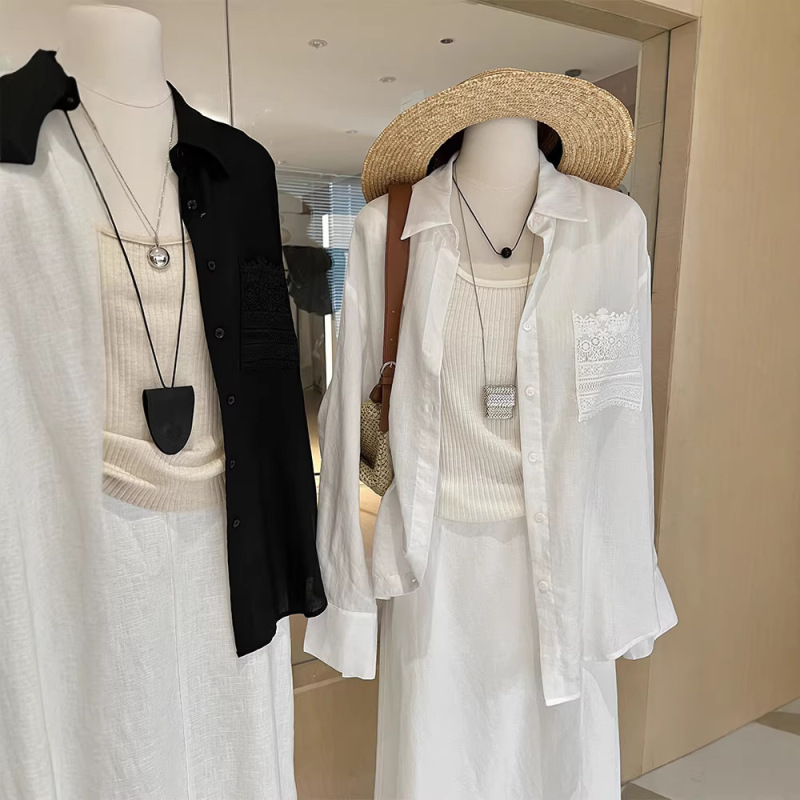 Vacation-Style Lace Shirt for Women with Hollow-Out Backless Design, Loose-Fitting, Thin, Long-Sleeved, French-Style Elegant Top Vacation-Style Lace Shirt for Women with Hollow-Out Backless Design, Loose-Fitting, Thin, Long-Sleeved, French-Style Elegant Top