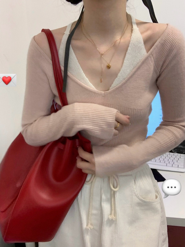 现货 /2025秋冬新款甜美少女温柔淡淡粉露肩假二件羊毛针织衫毛衣|undefined