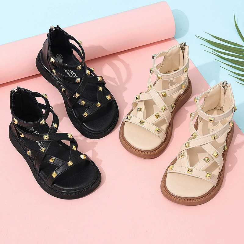 Сандалии для девочек, лето 2024, новые модные туфли принцессы для девочек, детская римская обувь на мягкой подошве, детская обувь
