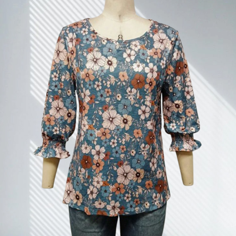 European and American Foreign Trade Cross-Border Blue Retro Floral 3/4 Sleeve Round Neck Top Tiktok Independent Station Ready Stock European and American Foreign Trade Cross-Border Blue Retro Floral 3/4 Sleeve Round Neck Top Tiktok Independent Station Ready Stock