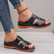 拖鞋女跨境外贸夏季新款欧美复古女拖鞋车线坡跟轻盈女式凉拖鞋女