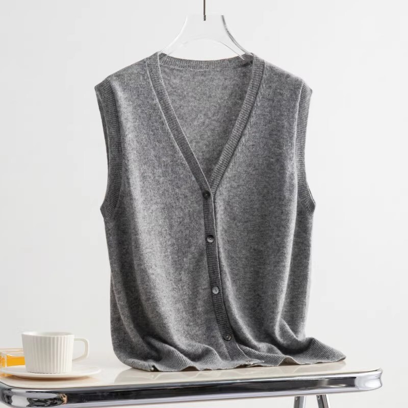 Spring and Autumn 100% Pure Wool V-Neck Knitted Vest Cardigan for Women, Loose Casual Korean Style Sleeveless Thin Sweater Jacket Spring and Autumn 100% Pure Wool V-Neck Knitted Vest Cardigan for Women, Loose Casual Korean Style Sleeveless Thin Sweater Jacket