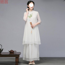 H8A夏装中式禅意女装改良汉服旗袍偏襟上衣连衣裙中国风两件套茶