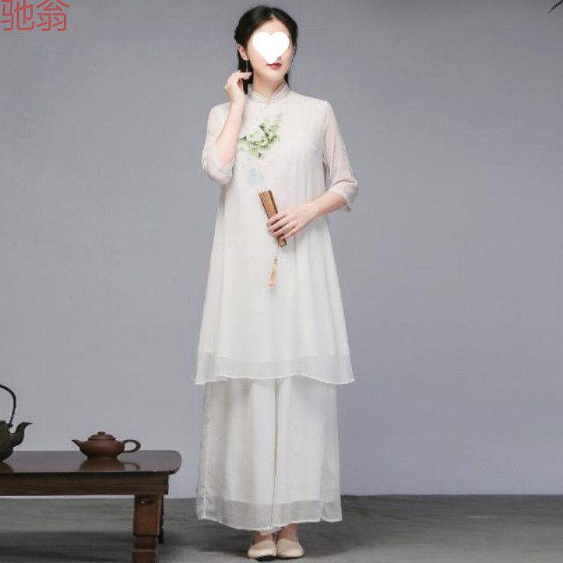 H8A夏装中式禅意女装改良汉服旗袍偏襟上衣连衣裙中国风两件套茶