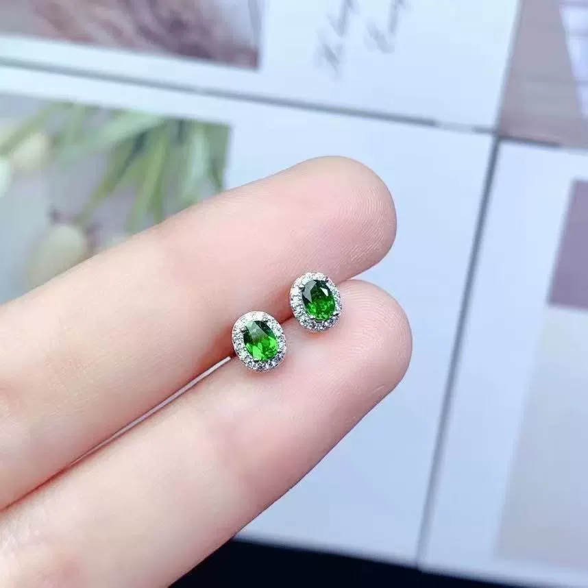 Серьги из стерлингового серебра S925 с инкрустацией из натурального диопсида, простая и модная оправа с бриллиантами, универсальные и изысканные украшения с овальными драгоценными камнями.