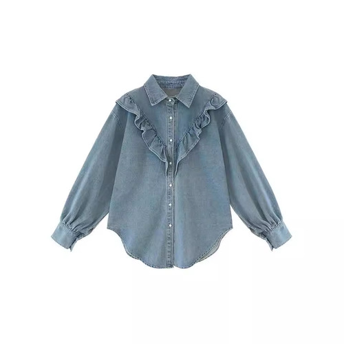 Spring New Korean Style Sweet Hemmed Denim Shirt for Women Loose and Slimming Long-Sleeved Top Under Shirt Trendy