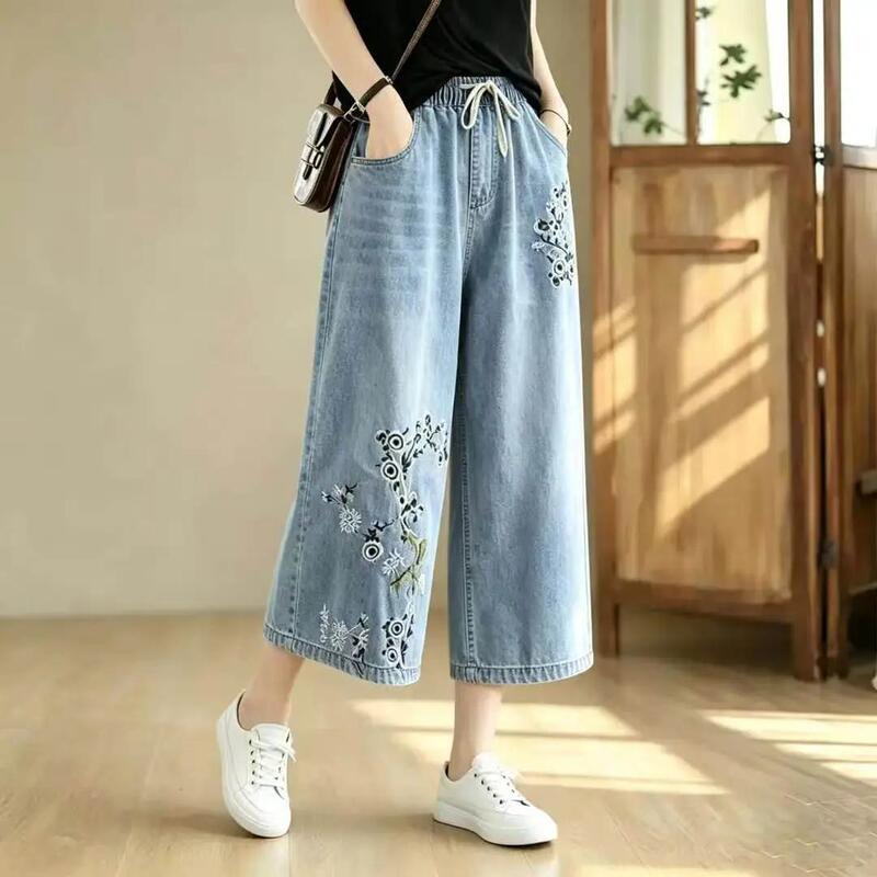 Ethnic Style Retro Embroidered Summer Thin Wide-Leg Pants for Women, Loose Plus-Size Slimming Straight-Leg Cropped Jeans for Petite Women Ethnic Style Retro Embroidered Summer Thin Wide-Leg Pants for Women, Loose Plus-Size Slimming Straight-Leg Cropped Jeans for Petite Women